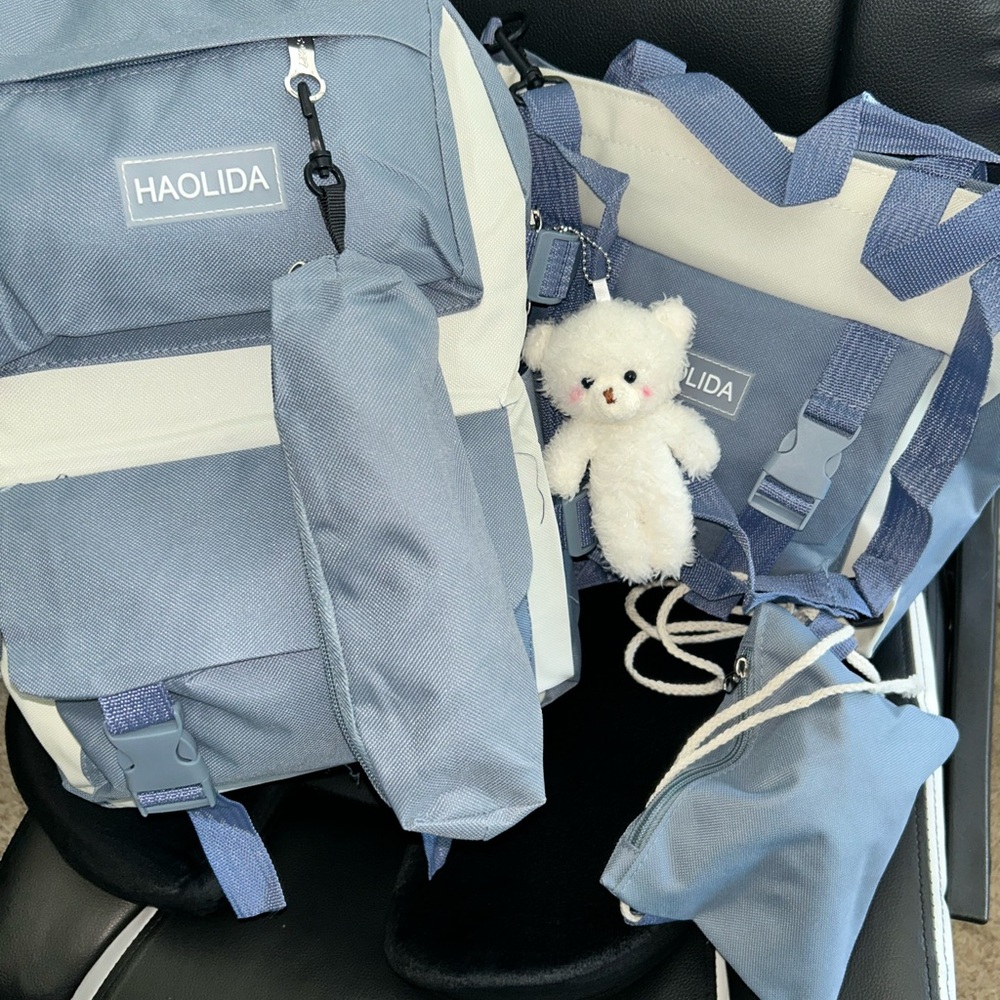 Light Blue and Cream Women's Backpack Set